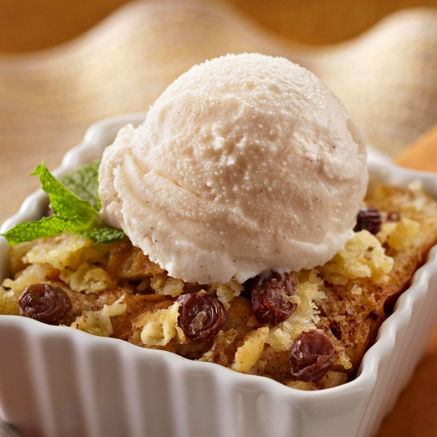 Warm dessert with ice cream topping