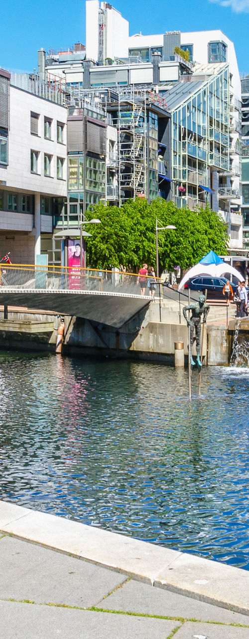 Modern urban canal with vibrant flowers