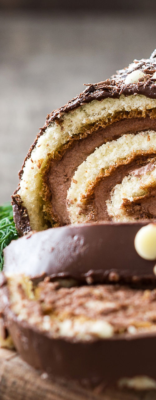 Chocolate Swiss roll with berries and garnish