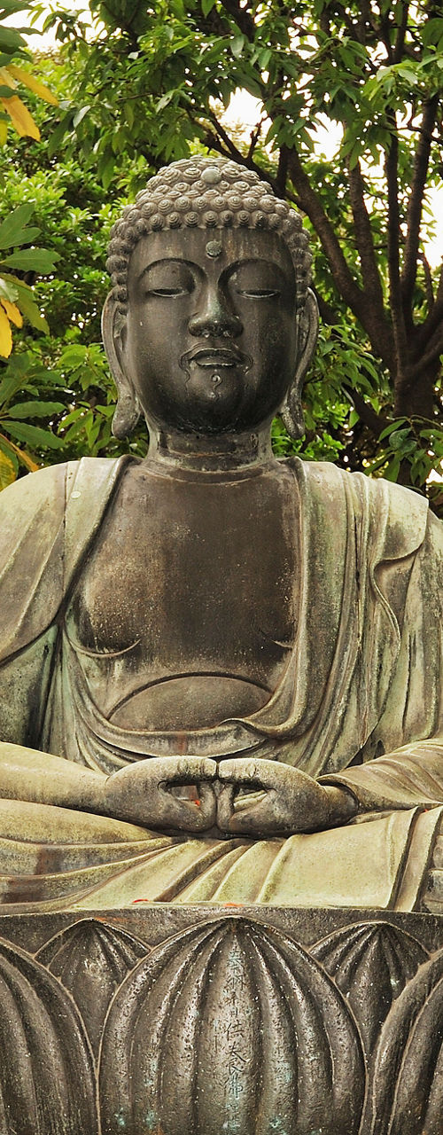 Buddha statue in serene garden setting