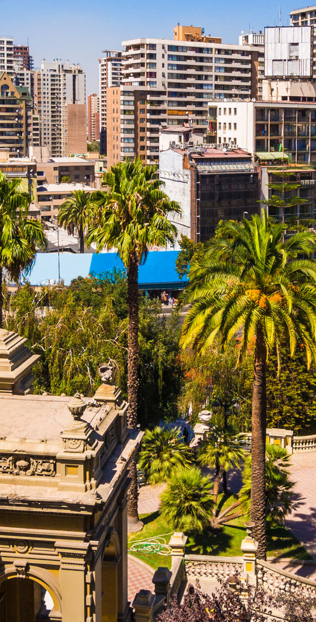 Urban park with historic architecture and cityscape