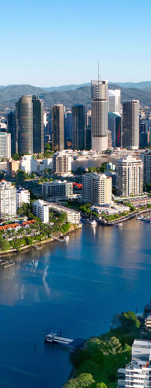 Aerial view of Brisbane city skyline and river