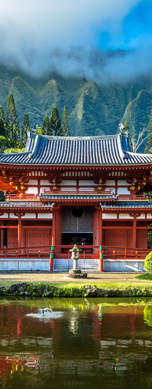 Traditional Japanese temple with scenic backdrop