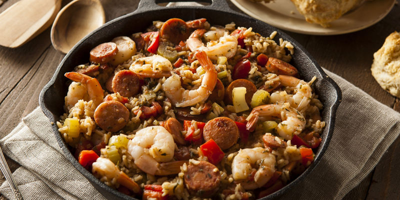 Homemade shrimp and sausage jambalaya in skillet