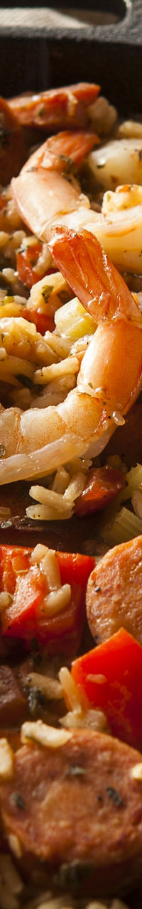 Homemade shrimp and sausage jambalaya in skillet