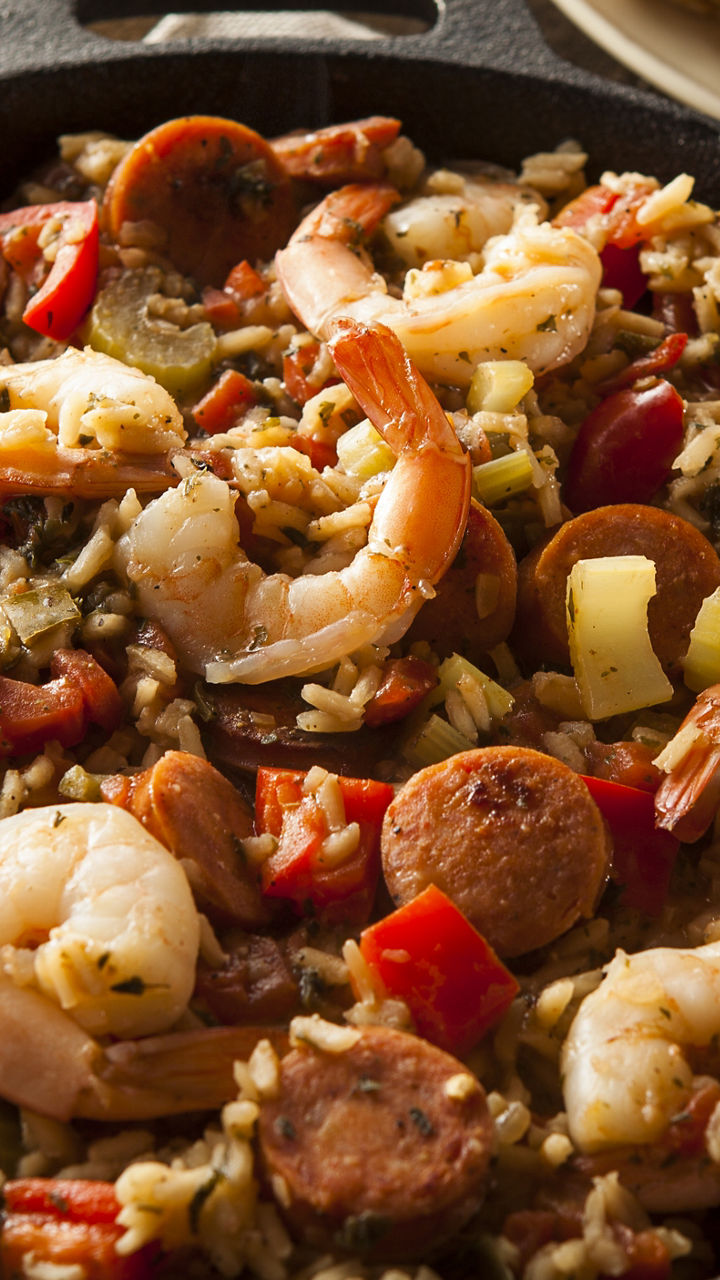 Homemade shrimp and sausage jambalaya in skillet