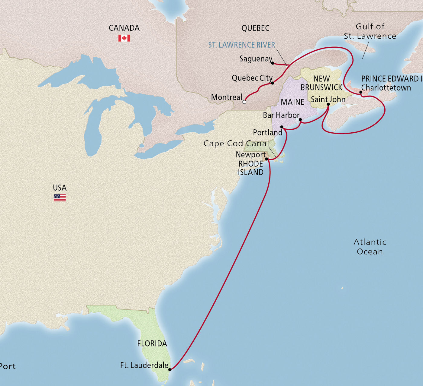 Map of Canada & New England Scenic Shores itinerary
