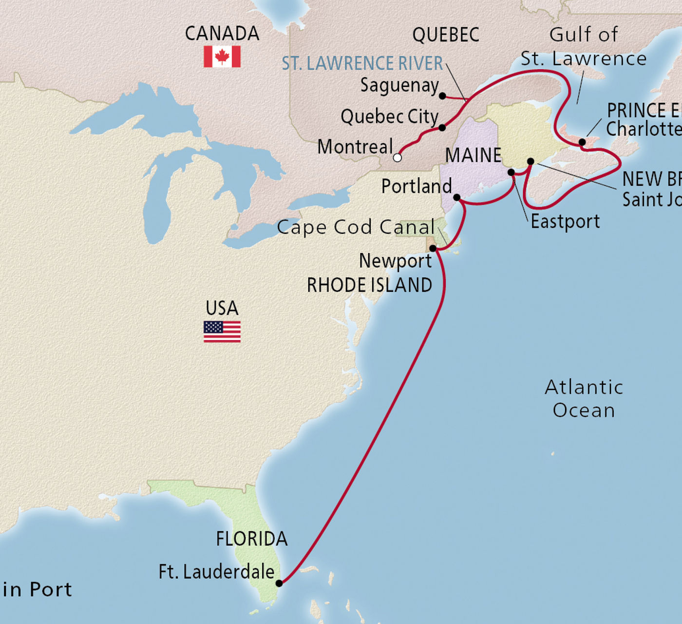 Map of Canada & New England Scenic Shores itinerary