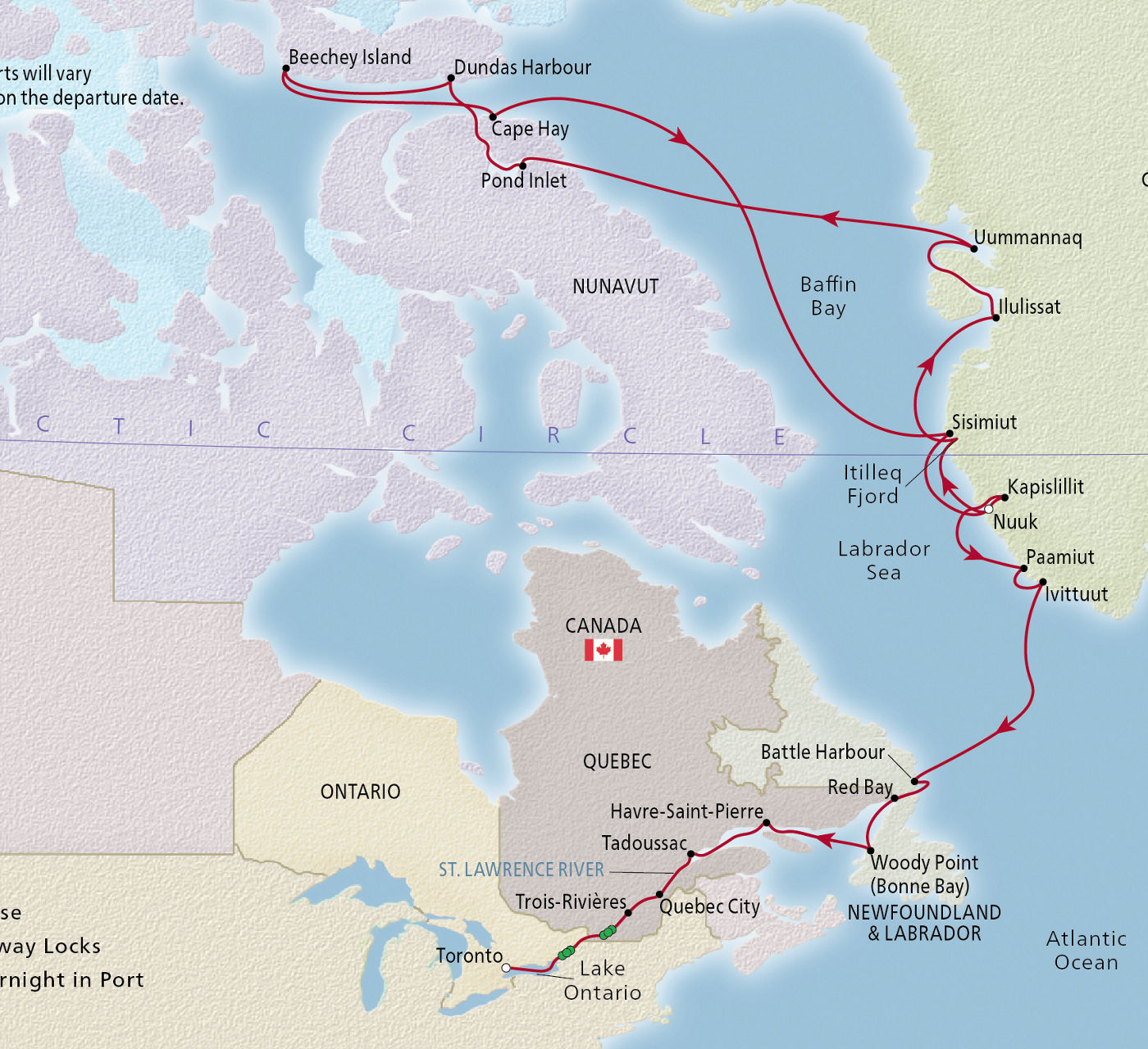 Map of Canada & the Northwest Passage itinerary