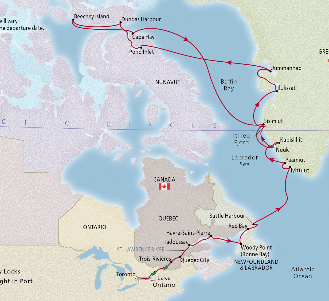 Map of Canada & the Northwest Passage itinerary