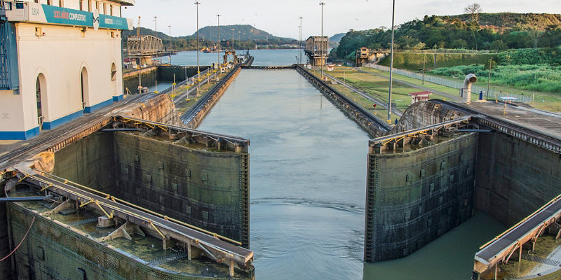 Panama Canal lock system at sunset