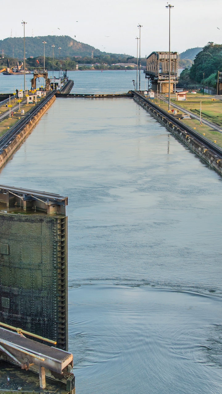 Panama Canal lock system at sunset