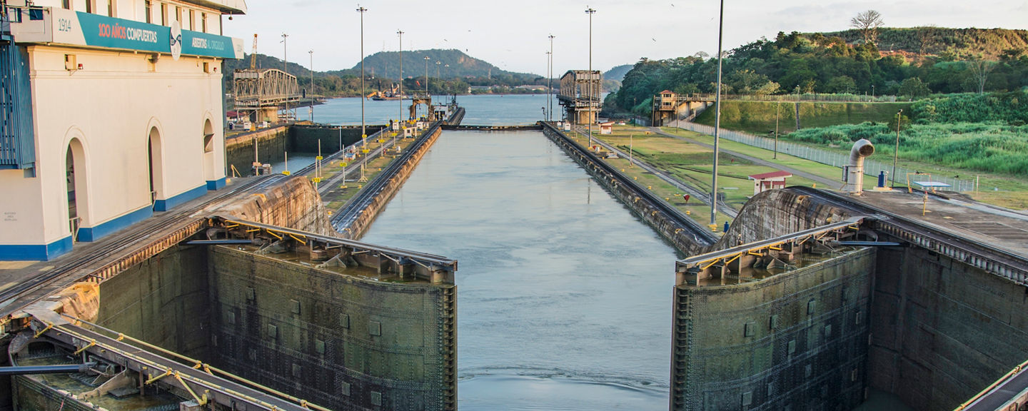 Panama Canal lock system at sunset