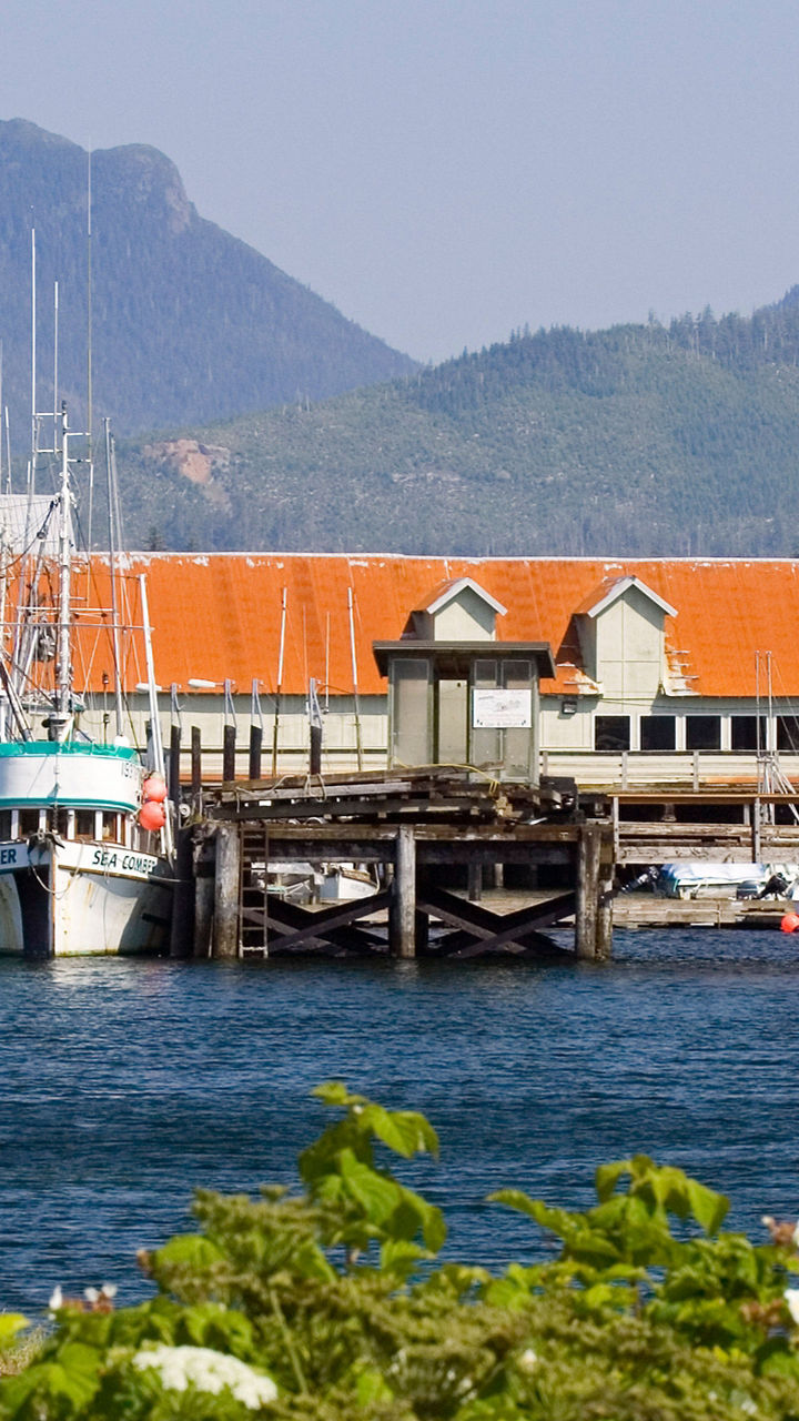Fishing boats docked at waterfront marina with mountains
