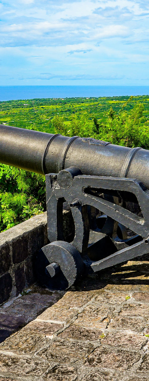 Historic hilltop cannons overlooking tropical coastline