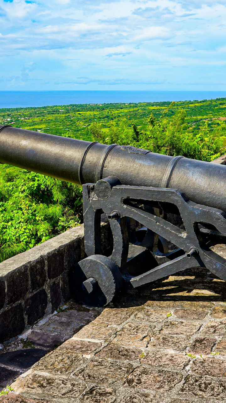 Historic hilltop cannons overlooking tropical coastline