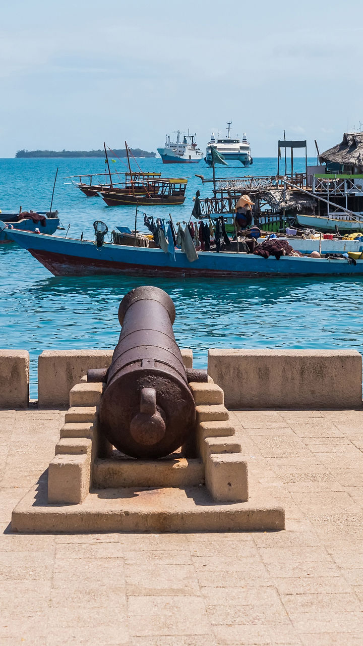 Historic cannons overlooking ocean with boats