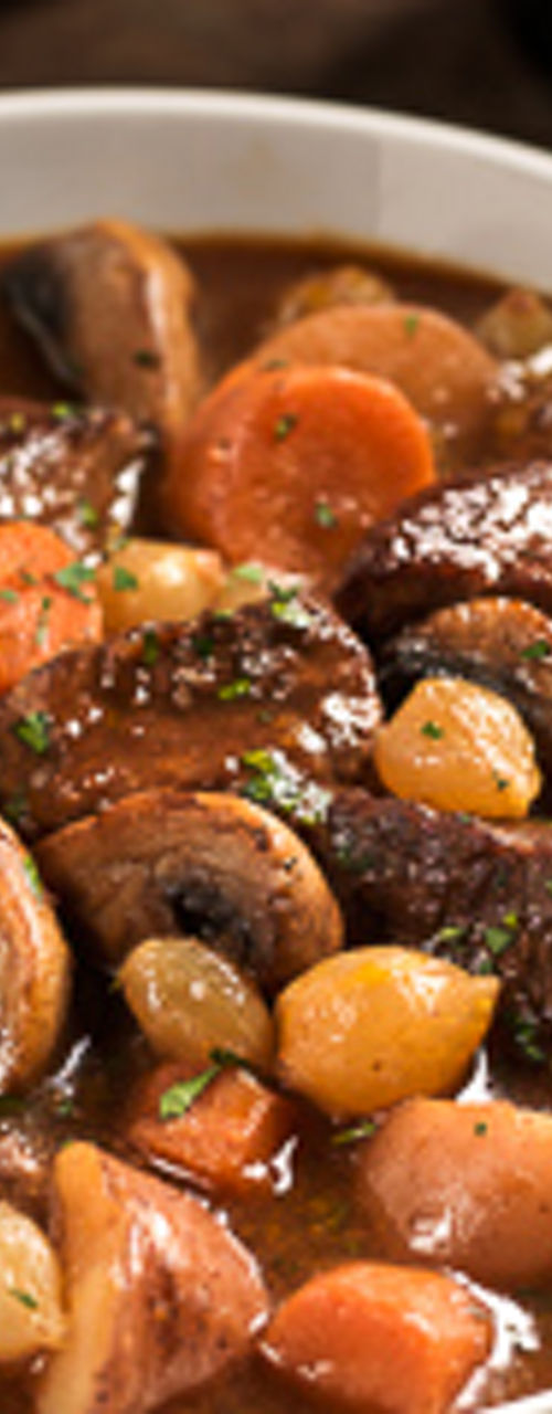 Hearty beef stew with vegetables and wine