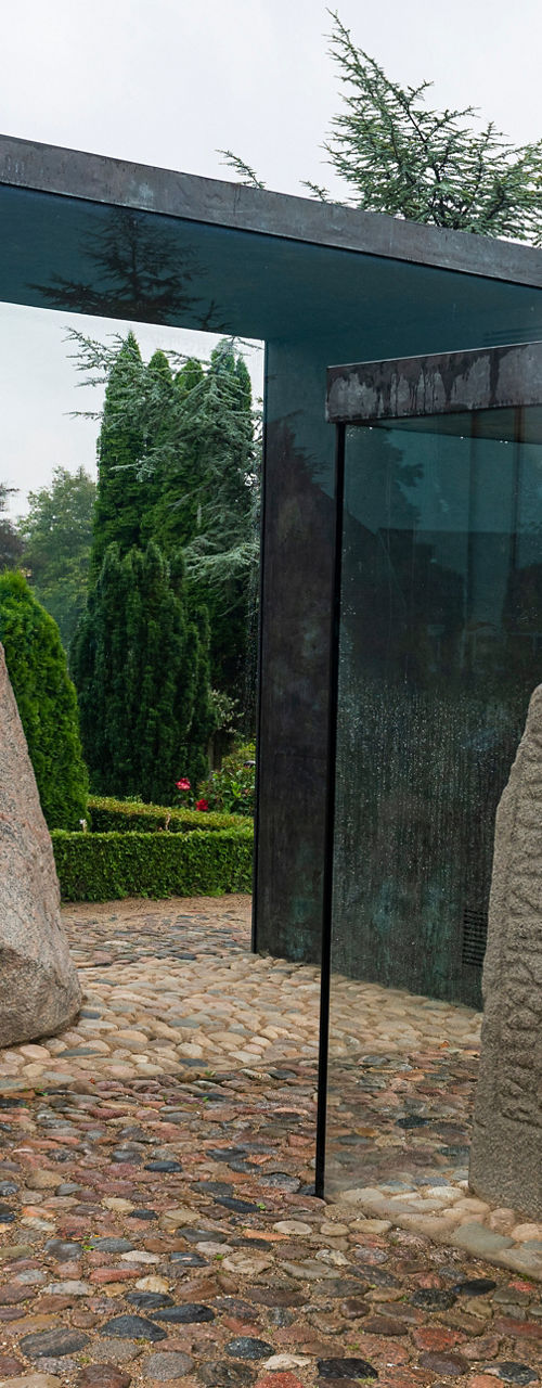 Runestones in glass display at historic site