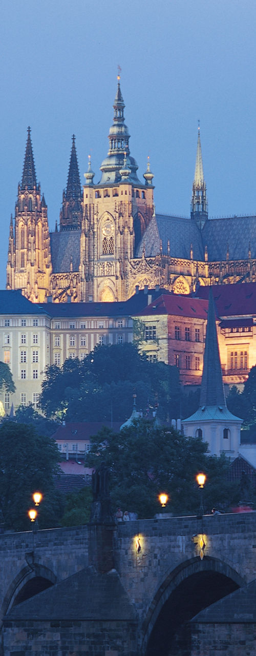 Prague Castle and Charles Bridge at dusk