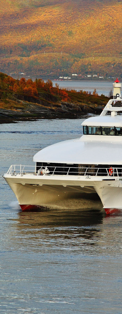 Modern ferry cruising through scenic fjord
