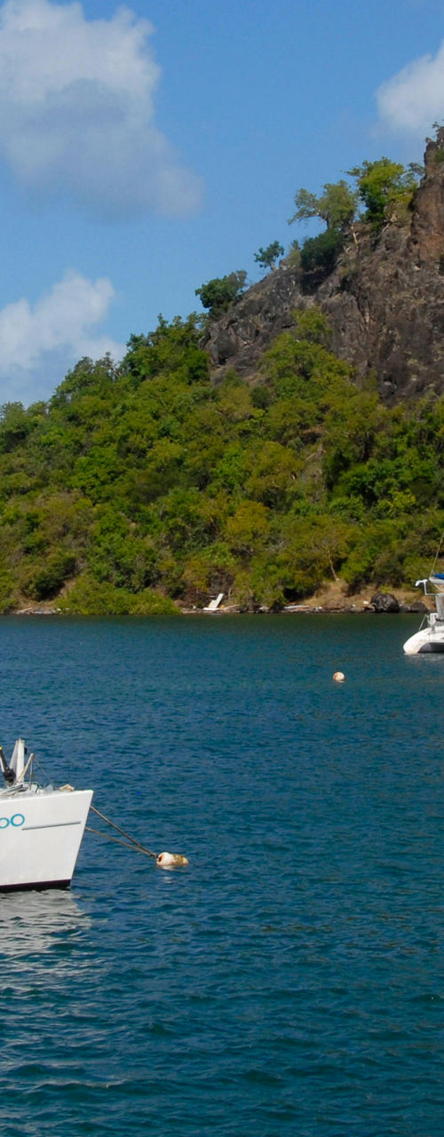 Sailboats near tropical island under blue sky