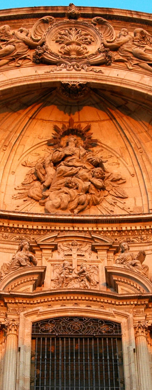 Baroque cathedral facade at sunset