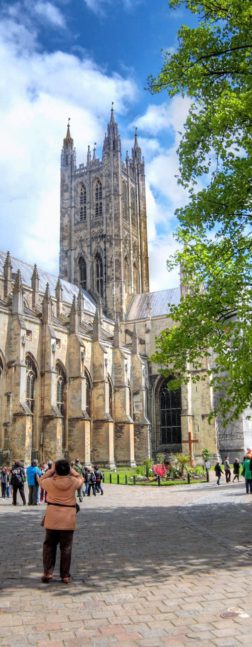 Canterbury Cathedral with tourists and tree