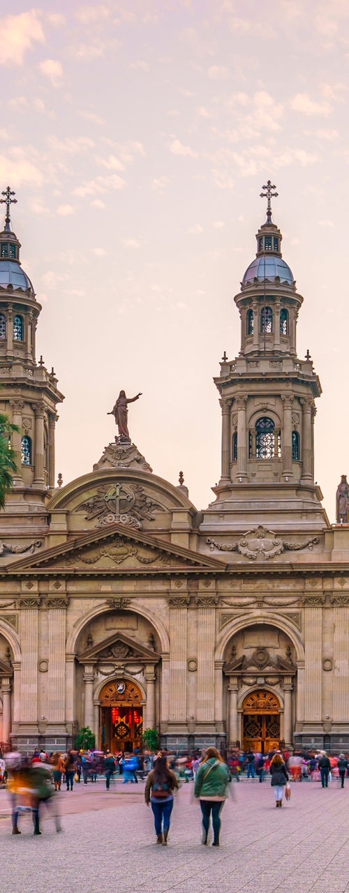 Historic plaza with cathedral at sunset