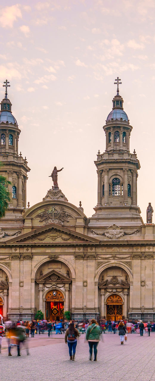 Historic plaza with cathedral at sunset
