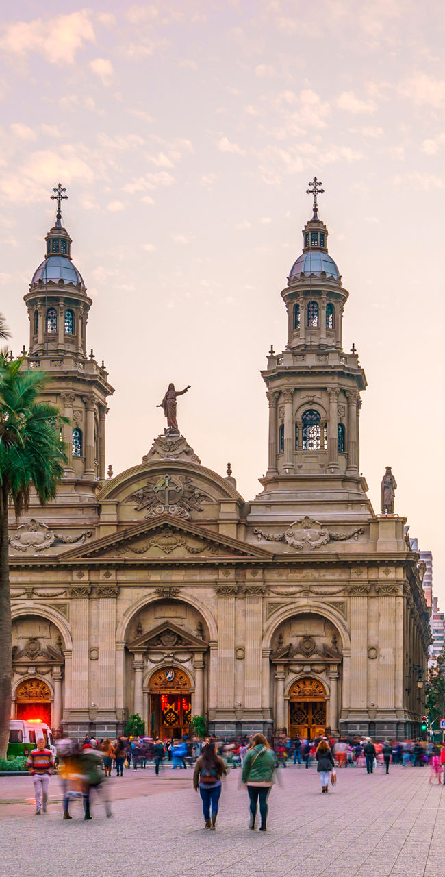 Historic plaza with cathedral at sunset