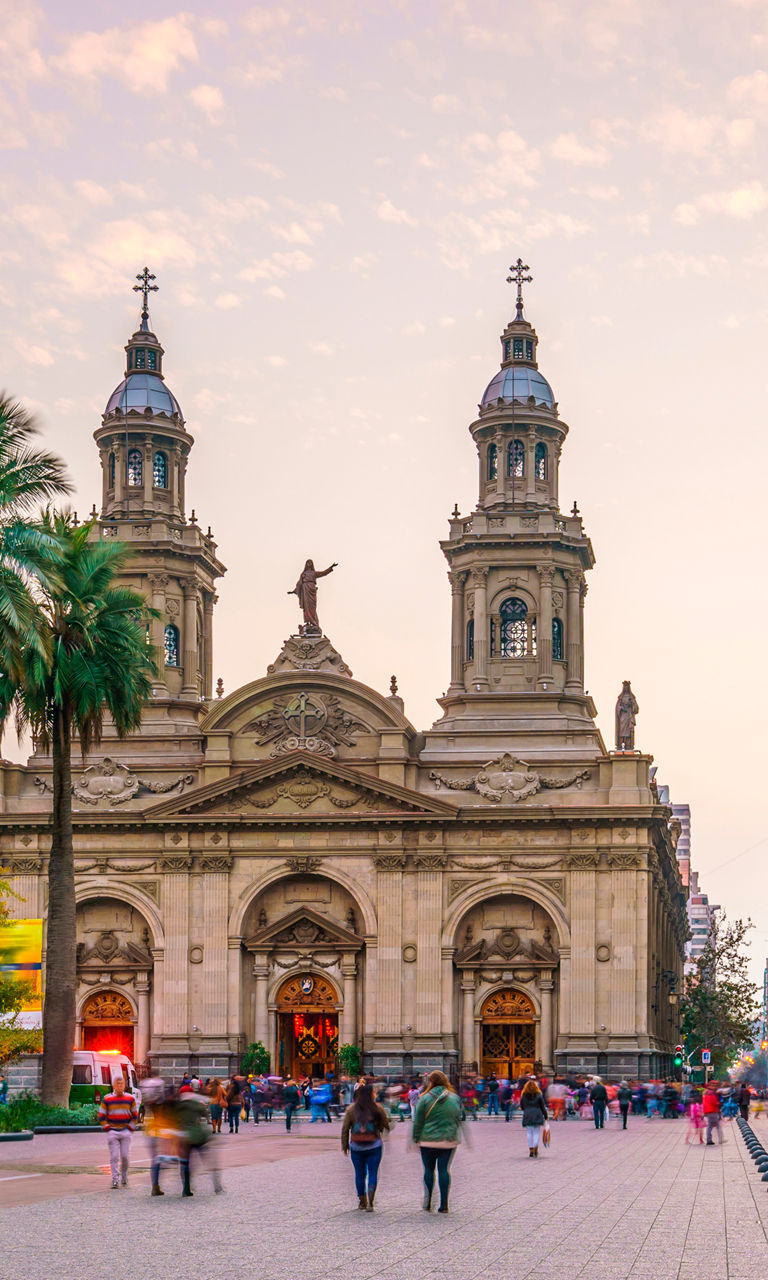 Historic plaza with cathedral at sunset