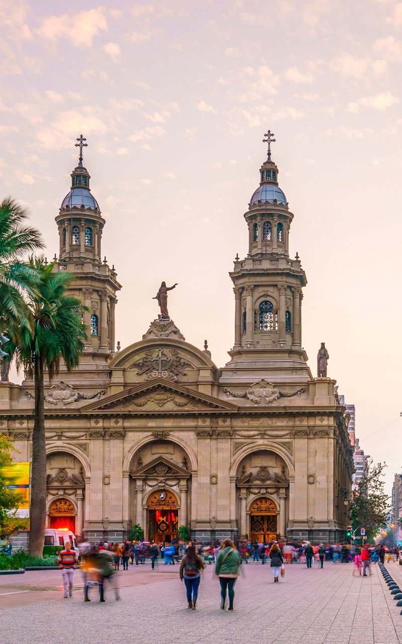 Historic plaza with cathedral at sunset