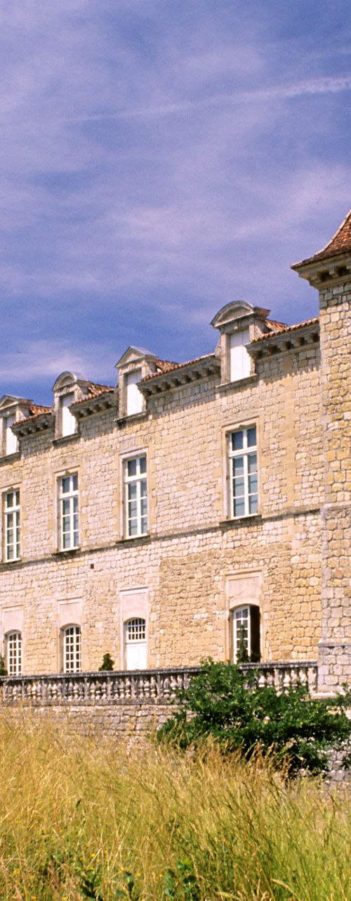 Historic Stone Castle on Grassy Hill Under Blue Sky