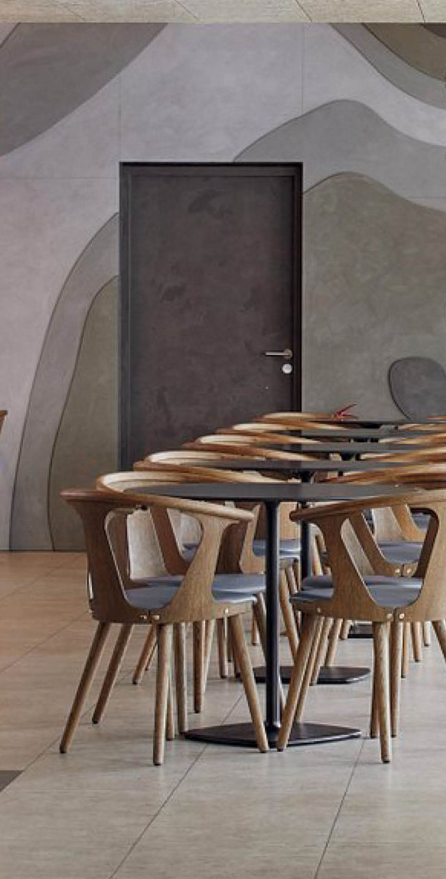 Modern cafe interior with wooden furniture