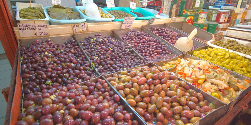 Variety of olives at a market stall