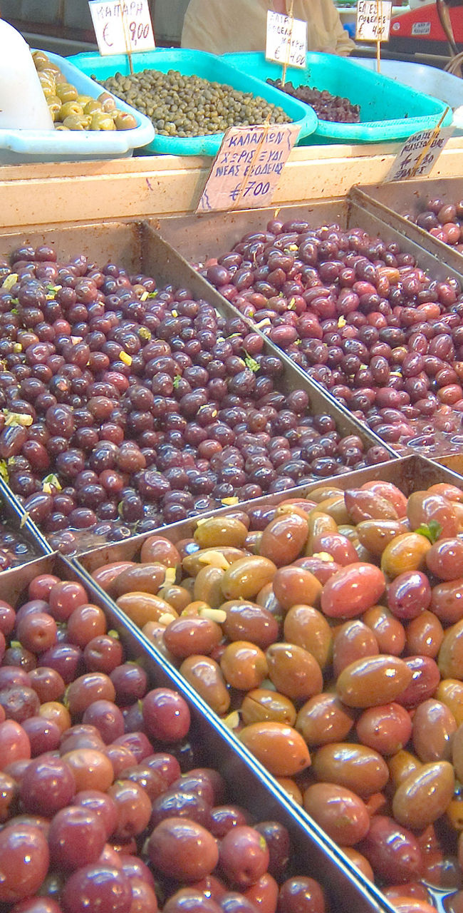 Variety of olives at a market stall