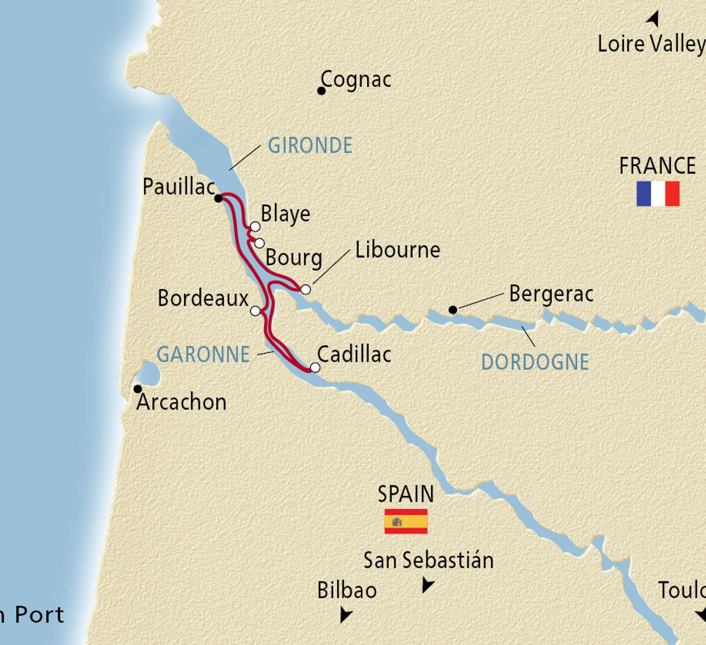 Map of Chateaux, Rivers & Wine itinerary