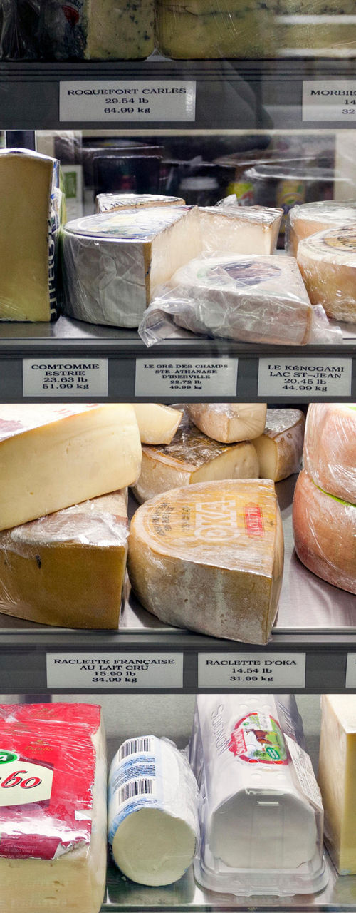 Assorted cheeses in refrigerated display case