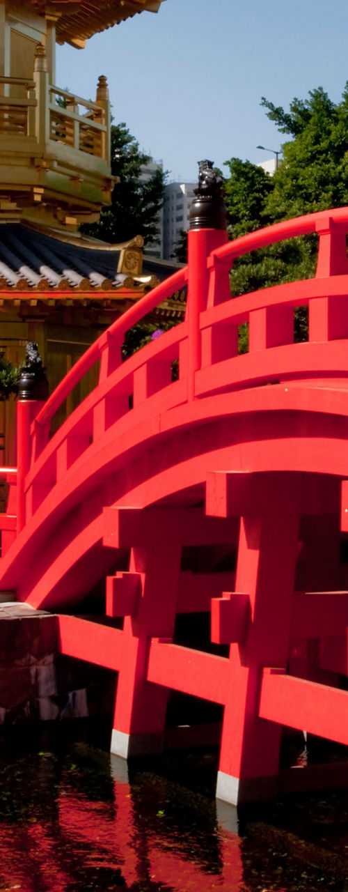 Golden Pavilion with red bridge in garden