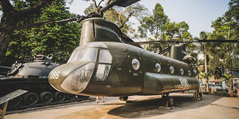 Military transport helicopter displayed in outdoor museum