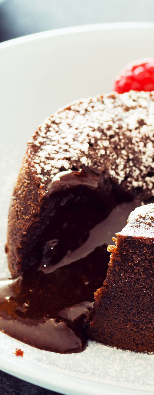 Chocolate lava cake with fresh raspberries