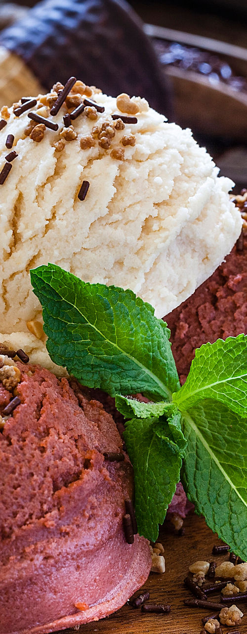 Assorted ice cream scoops with toppings