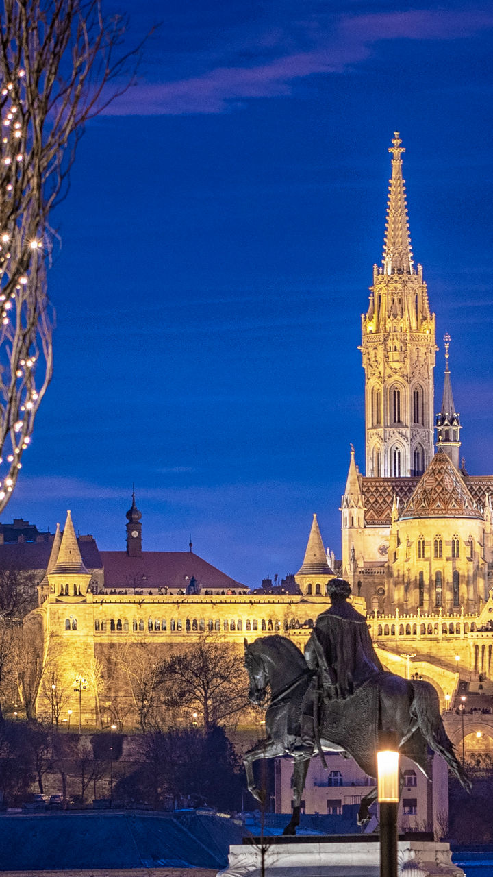 Illuminated Budapest skyline with Matthias Church