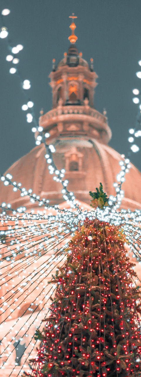 Festive lights at cathedral with Christmas tree
