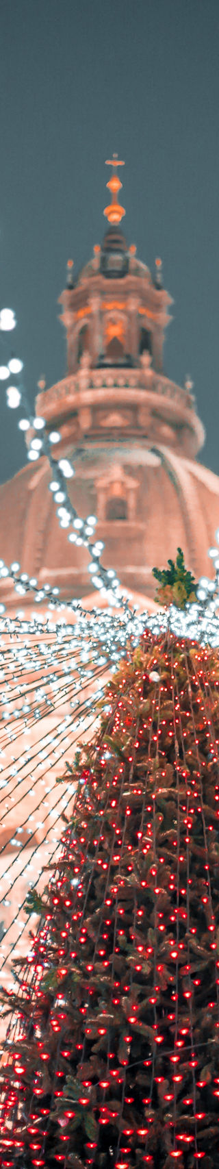 Festive lights at cathedral with Christmas tree