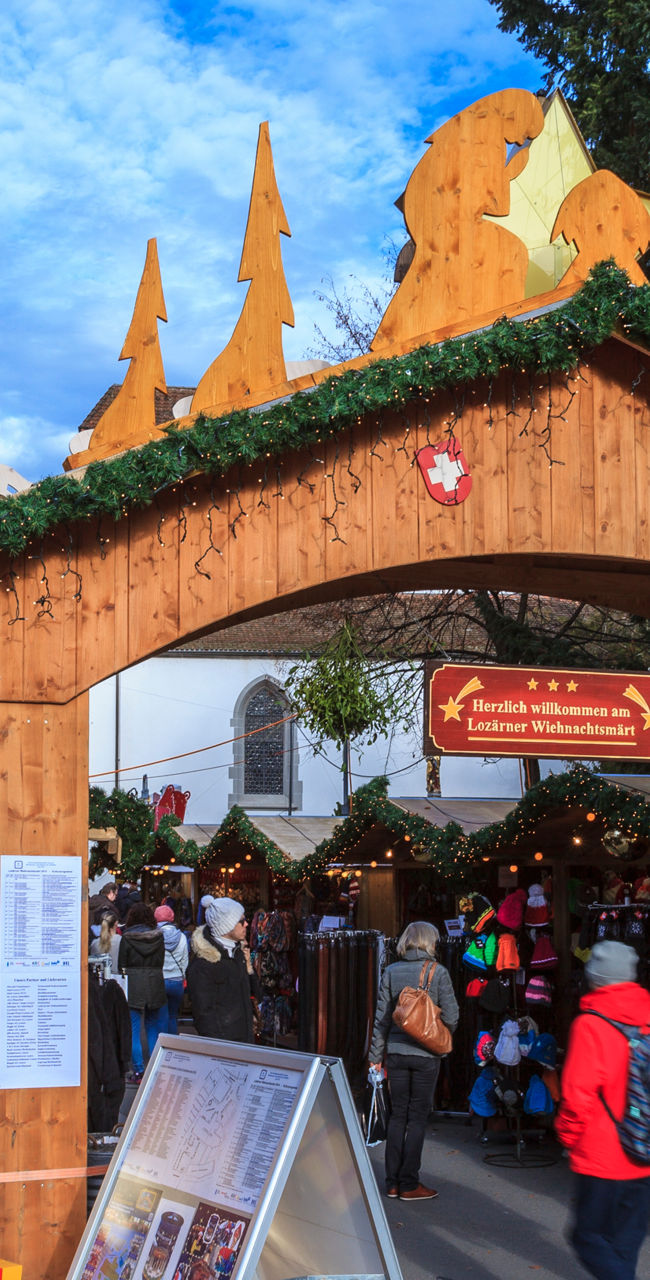 Festive Christmas market entrance with decorations