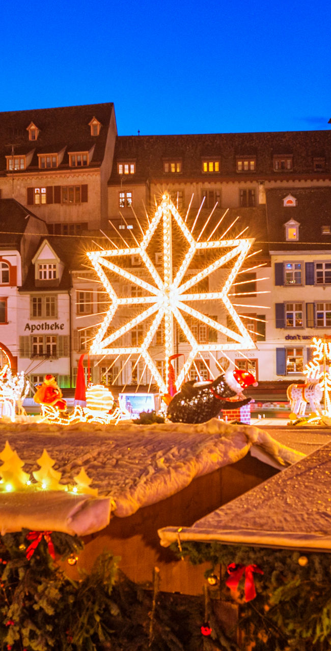 Festive Christmas market with glowing lights