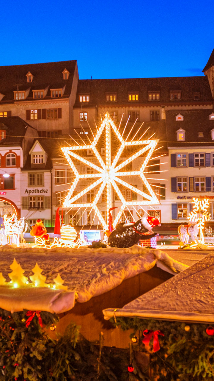 Festive Christmas market with glowing lights