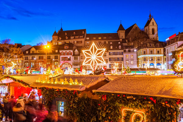 Festive Christmas market with glowing lights